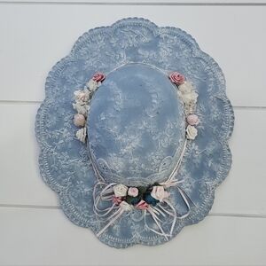 Vintage Ceramic Blue Lace Bonnet Hat Decor with Floral Accents